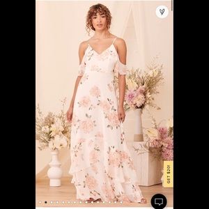 Lulu’s Off-Shoulder “Take You There Ivory Floral Print Madi Dress”